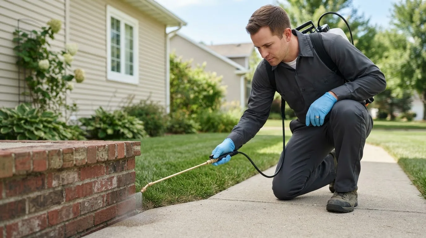 Pest control technician treating a home near Milford, IL