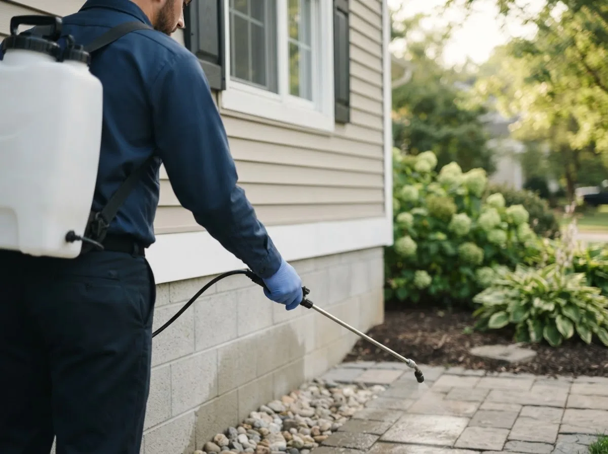Pest control technician inspecting a home in Milford, IL
